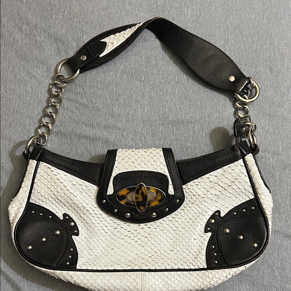 White & Black Textured Shoulder Bag with Tortoiseshell Accent